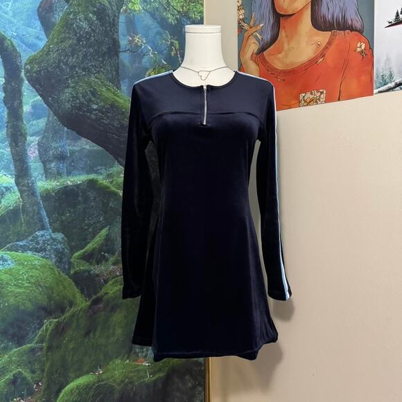 vintage 579 y2k navy velour mini dress sporty stripe zip front - Picture 7 of 7
